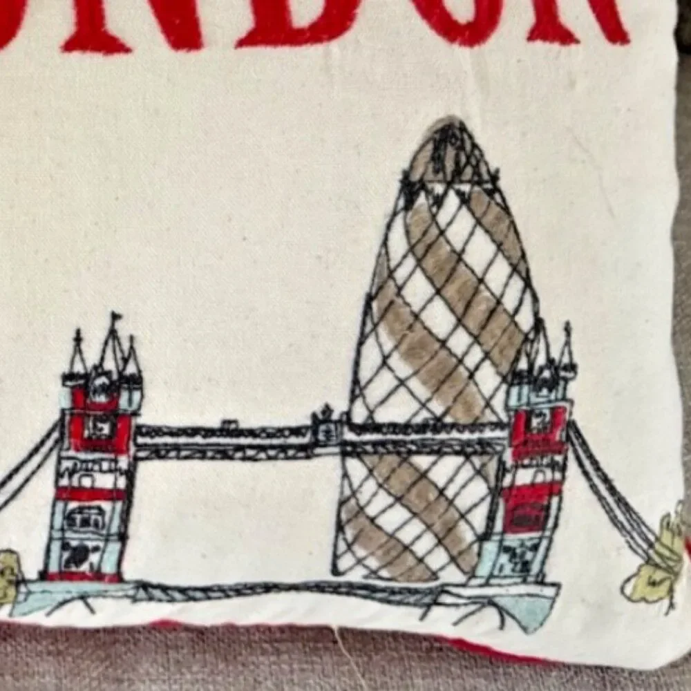 Embroidered London Skyline Down And Feathers Lumbar Pillow 26x14 London Eye